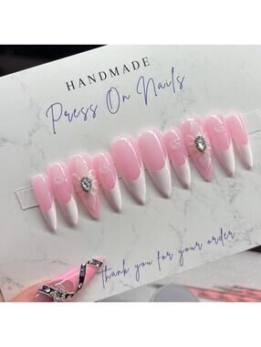 Extra long stiletto press on nails white French tips acrylic flowers hearts pink